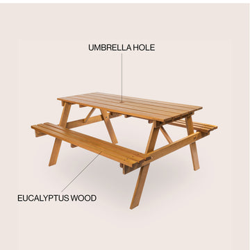 Shoreham 59" Modern Classic Outdoor Wood Picnic Table Benches with Umbrella Hole - JONATHAN Y